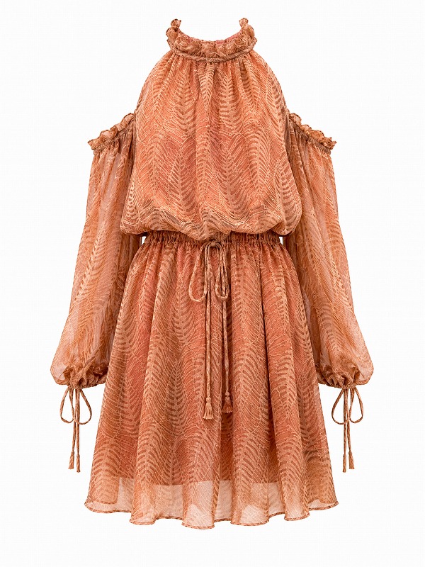【新品DRESS 85】オープンショルダーバルーンスリーブアメスリフレアミニドレス ブラウン【WEILI ZHENG】